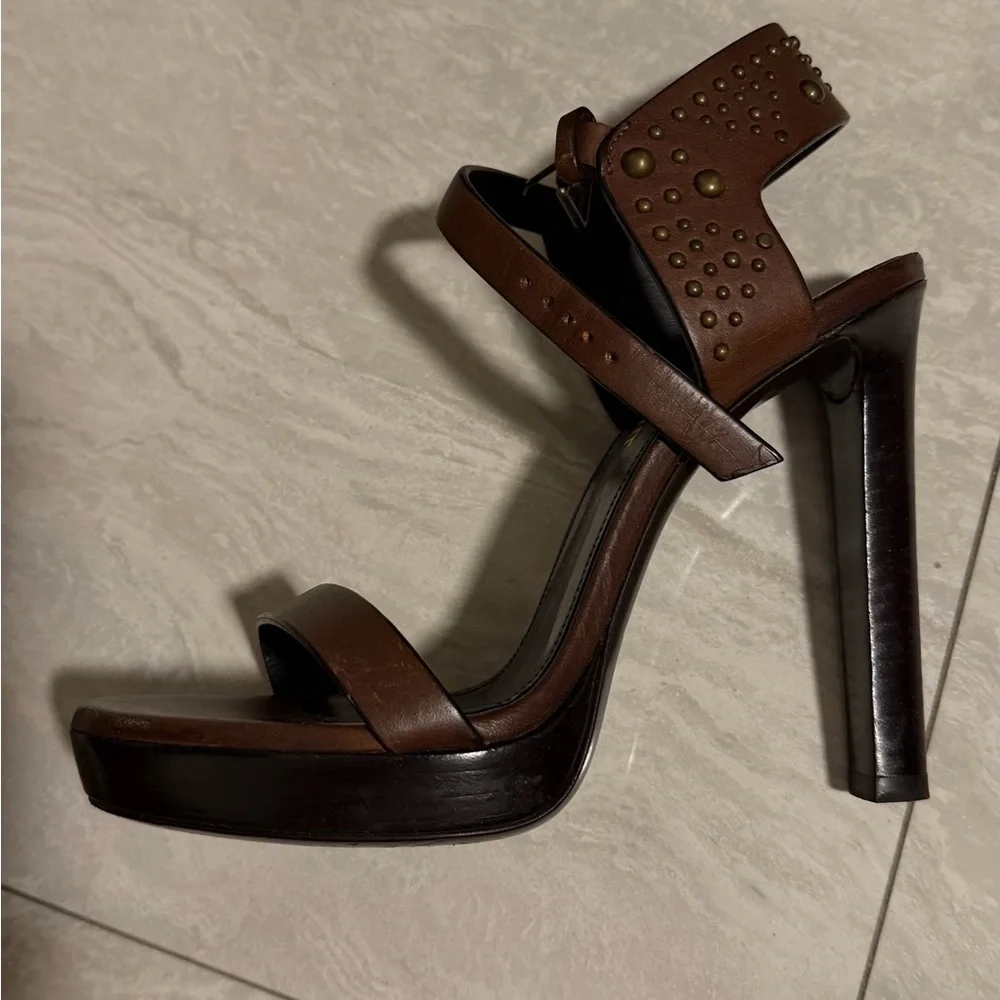 Saint Laurent Brown Leather Studded Platform Heel Sandal - Picture 5 of 11